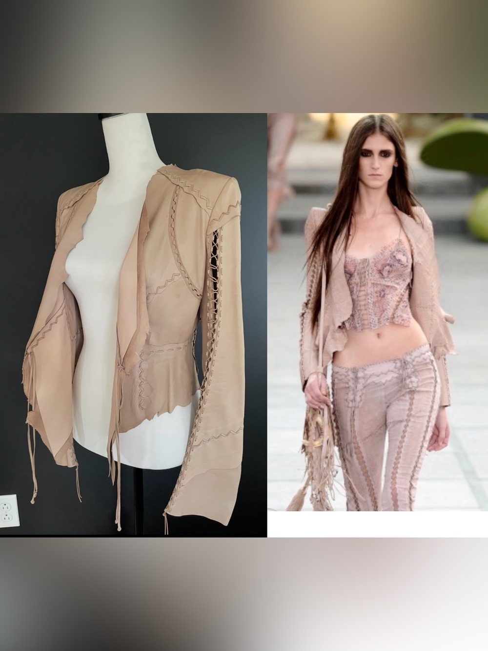 Roberto Cavalli S/S 2011 Nude Pink Raw Cut Open Laces Cropped Leather Jacket 44